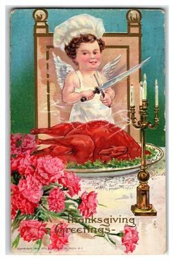 1910 Thanksgiving Greetings Postcard Angel Chef Turkey Carnations Embossed